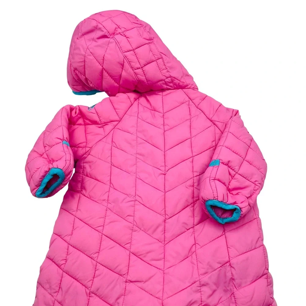 EUC Snozu Baby Pink Quilted Snowsuit Bunting Hooded Zip Cozy Sherpa Lined9-12 Mo